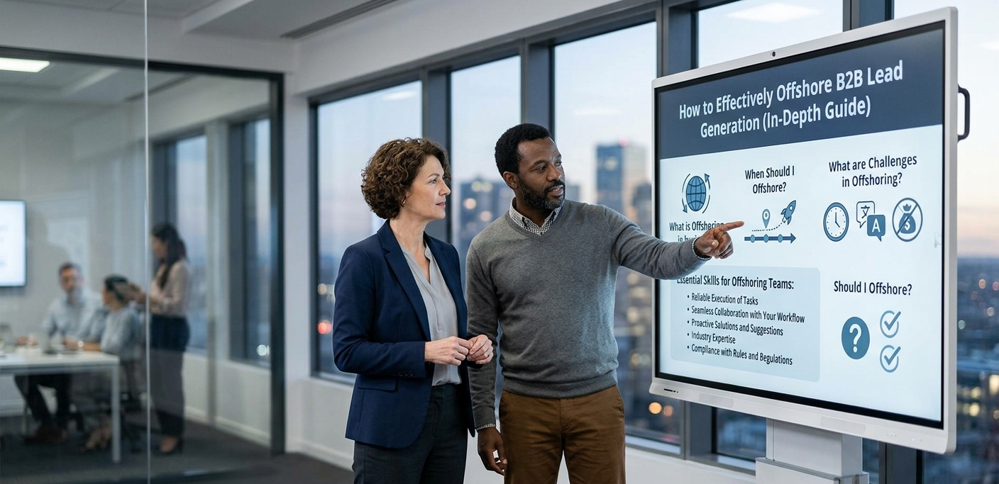 A male presenter pointing to a large digital display titled "How to Effectively Offshore B2B Lead Generation (In-Depth Guide)" while discussing the strategy with a female colleague in a modern high-rise office.