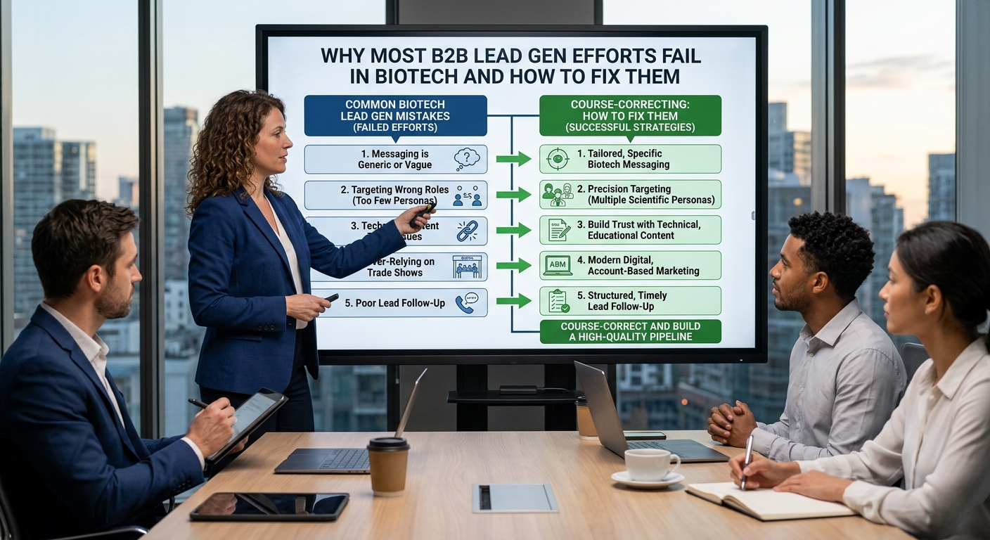 A female presenter in a navy blazer points a stylus toward a digital screen titled "HIGH COST PER LEAD? YOU MIGHT MISS THESE STRATEGIES!" during a meeting with three seated colleagues in a high-rise office at dusk.