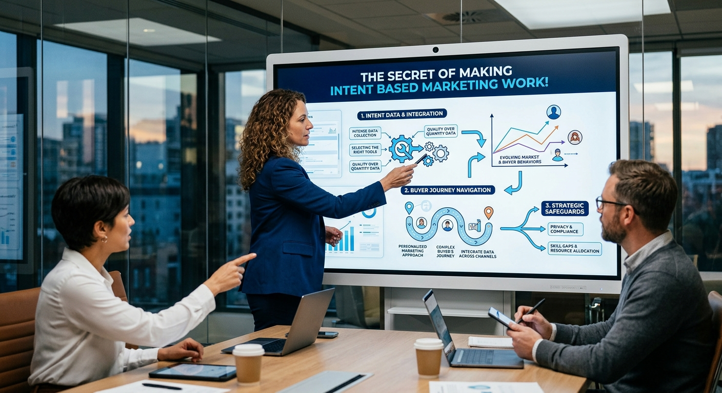 A female presenter in a navy blazer points a stylus toward a large digital screen titled "THE SECRET OF MAKING INTENT BASED MARKETING WORK!" during a corporate strategy meeting with two colleagues.