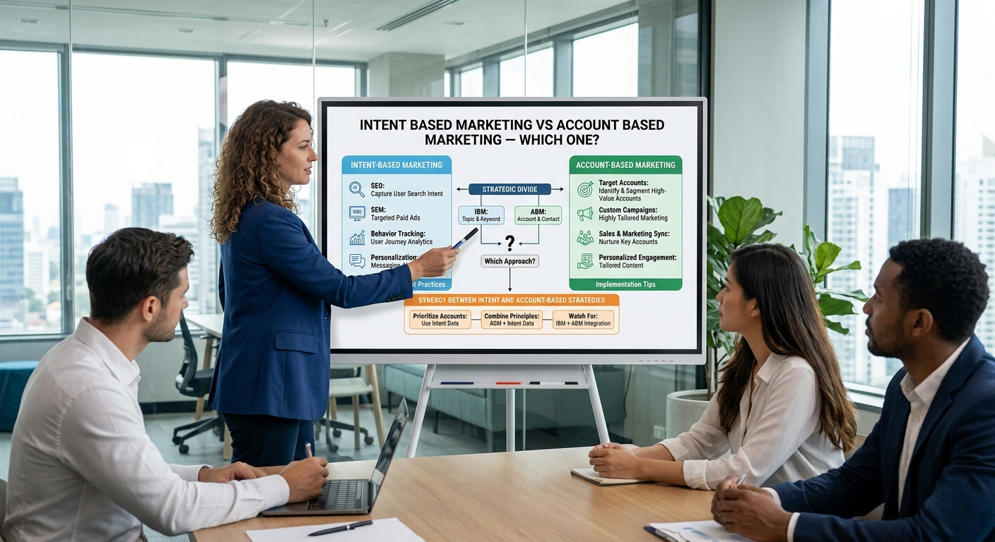 A female presenter points with a stylus to a digital display titled "INTENT BASED MARKETING VS ACCOUNT BASED MARKETING – WHICH ONE?" while leading a strategy meeting with four corporate professionals.