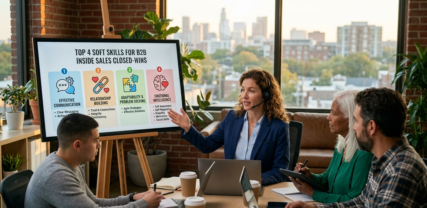 A female presenter wearing a headset gestures toward a large digital screen titled "TOP 4 SOFT SKILLS FOR B2B INSIDE SALES CLOSED-WINS" while leading a workshop for three colleagues in a modern office with a city view.