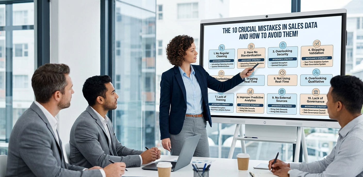 A female business leader pointing with a pen to a digital display titled "THE 10 CRUCIAL MISTAKES IN SALES DATA AND HOW TO AVOID THEM!" while leading a presentation for three seated colleagues in a brightly lit office.