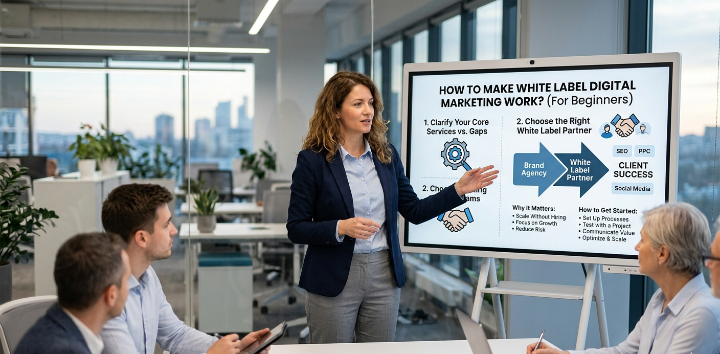 A female professional standing in a modern, glass-walled office, presenting a digital slideshow presentation titled "How to Make White Label Digital Marketing Work? (For Beginners)" on a large screen to a group of seated colleagues.