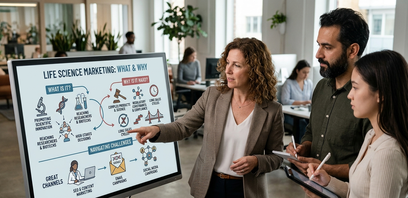 A female marketing expert in a patterned blazer points to an interactive monitor displaying a "LIFE SCIENCE MARKETING: WHAT & WHY" infographic while instructing two colleagues in an open-plan office.