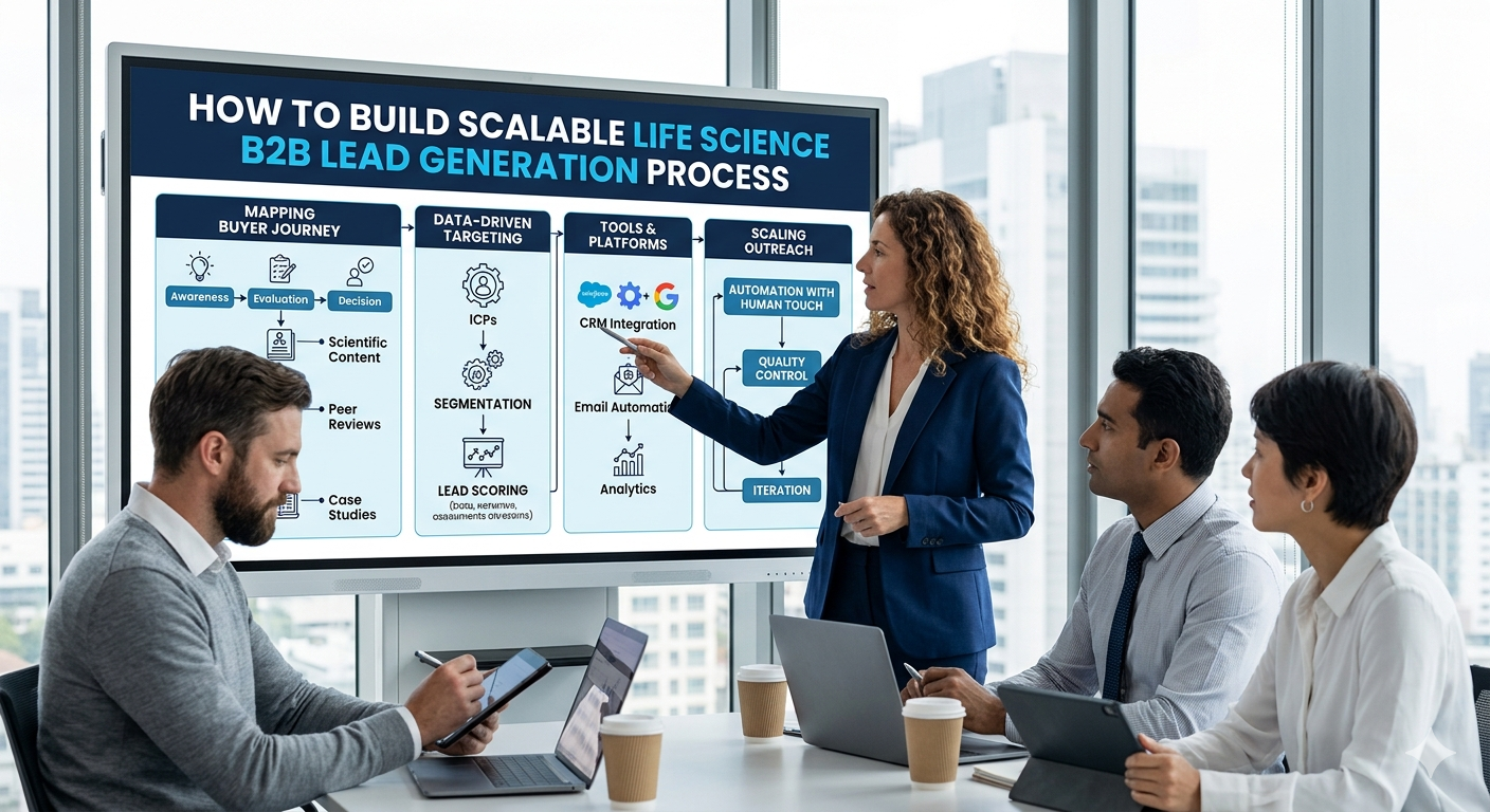 A female presenter in a blue blazer pointing to a digital display titled "HOW TO BUILD SCALABLE LIFE SCIENCE B2B LEAD GENERATION PROCESS" while leading a meeting with three colleagues in a modern office setting.
