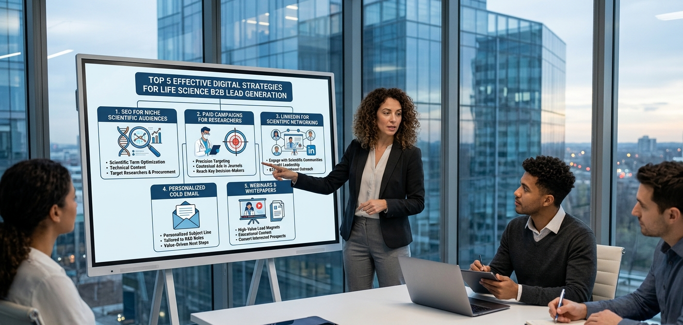 A female speaker with curly hair points to a presentation board titled "TOP 5 EFFECTIVE DIGITAL STRATEGIES FOR LIFE SCIENCE B2B LEAD GENERATION" while leading a meeting with three colleagues in a skyscraper office at sunset.