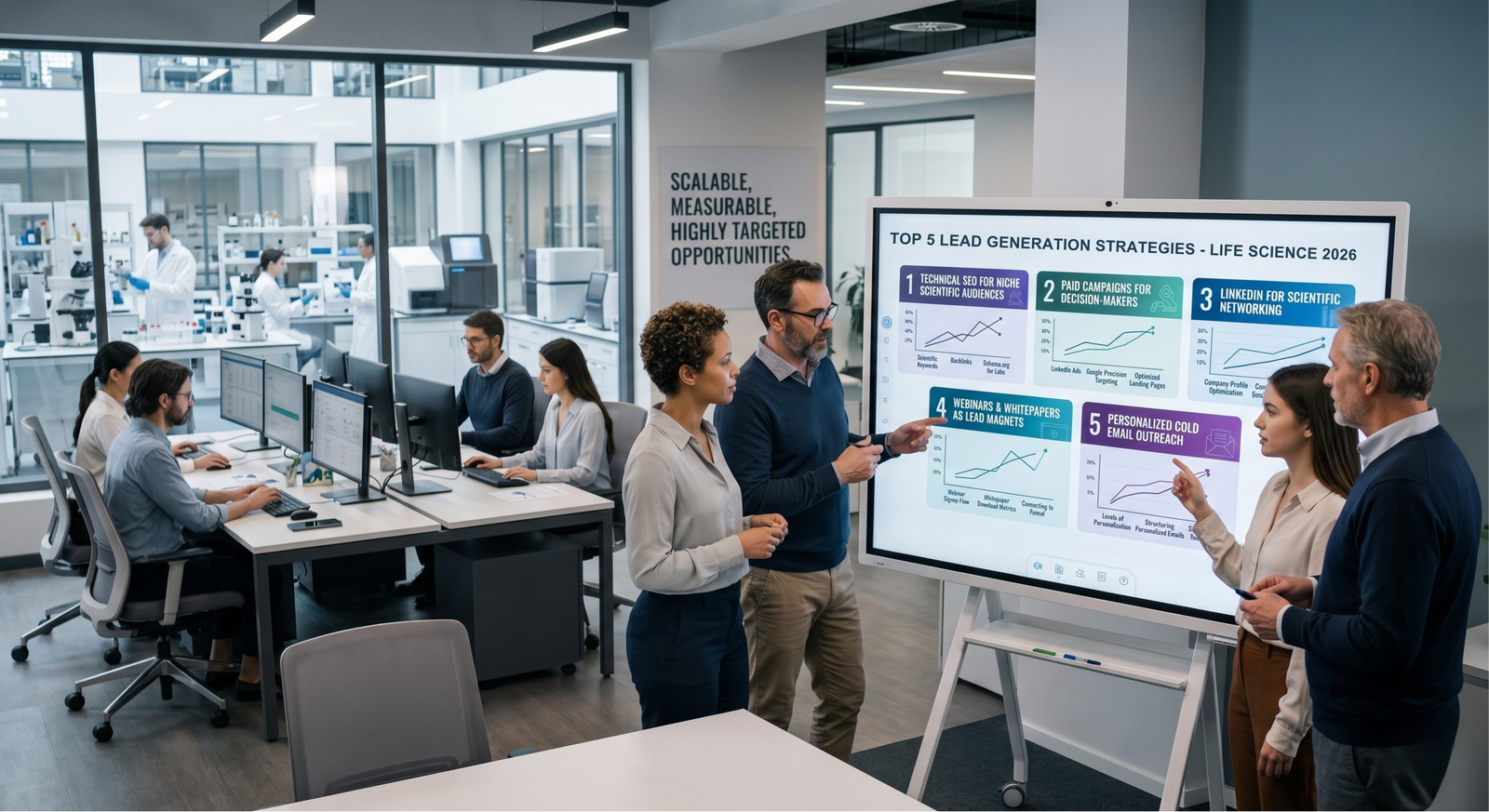 Life science marketing team discussing top lead generation strategies in a modern biotech office with digital presentation screen