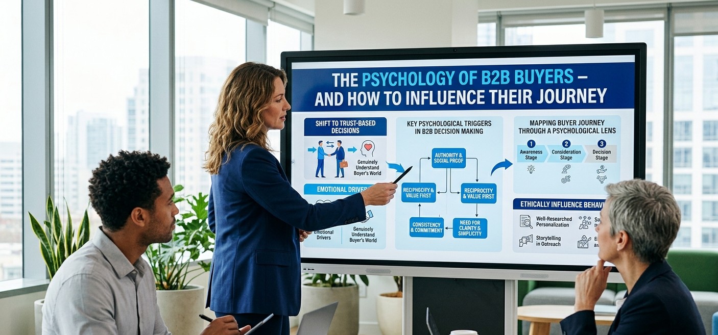 A female presenter in a navy blue suit points with a pen to a digital screen titled "THE PSYCHOLOGY OF B2B BUYERS – AND HOW TO INFLUENCE THEIR JOURNEY" during a meeting with two colleagues in a modern, plant-filled office.