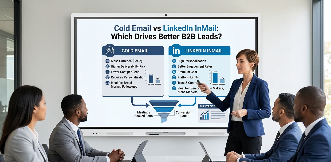 A female presenter in a blue blazer using a remote to explain a comparison chart titled "Cold Email vs LinkedIn InMail: Which Drives Better B2B Leads?" on a large interactive screen to four business professionals in a conference room.
