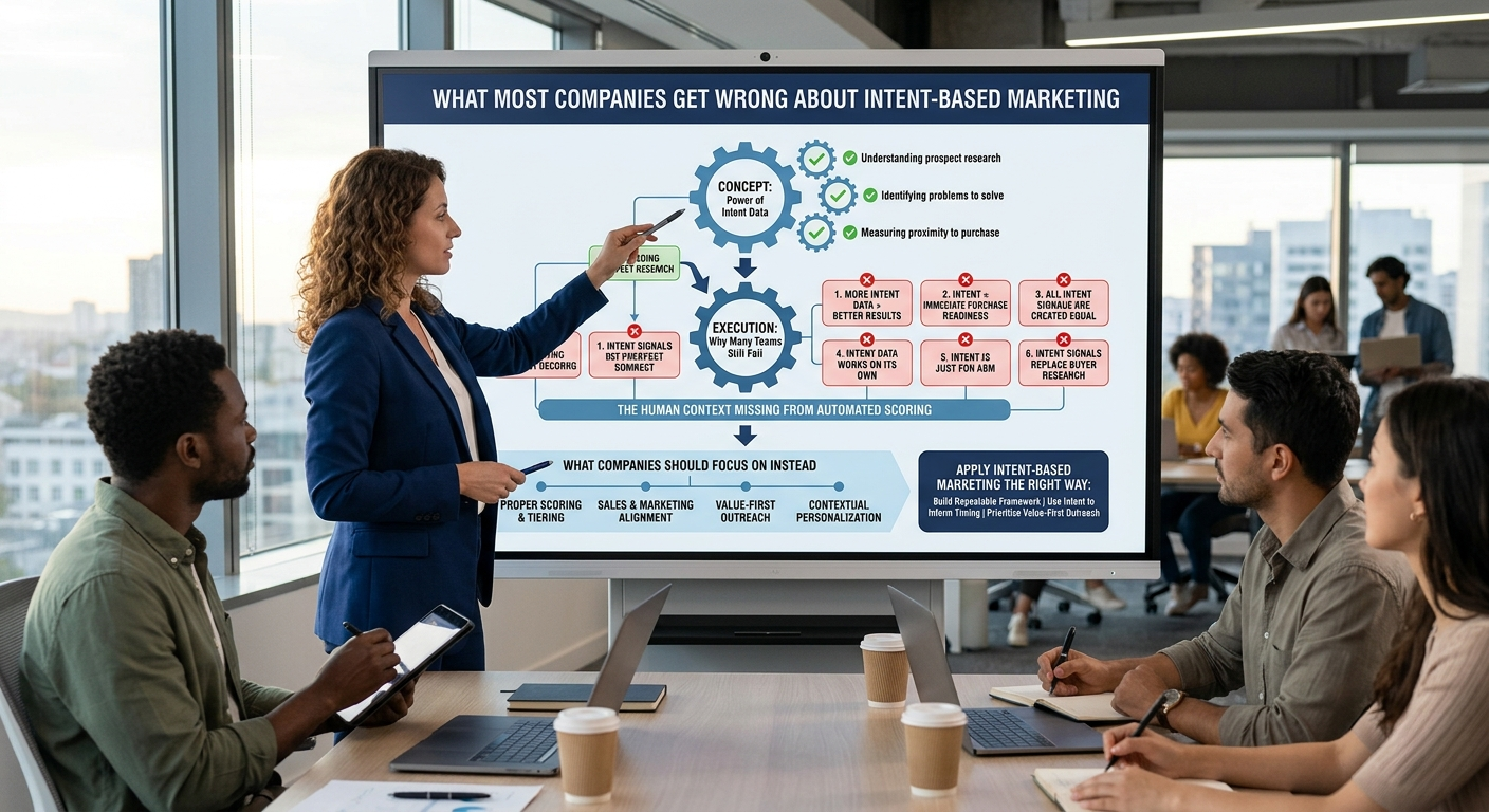 A female presenter in a navy blazer points a stylus toward a large digital screen titled "WHAT MOST COMPANIES GET WRONG ABOUT INTENT-BASED MARKETING" during a meeting with four seated colleagues in a bright corporate office.