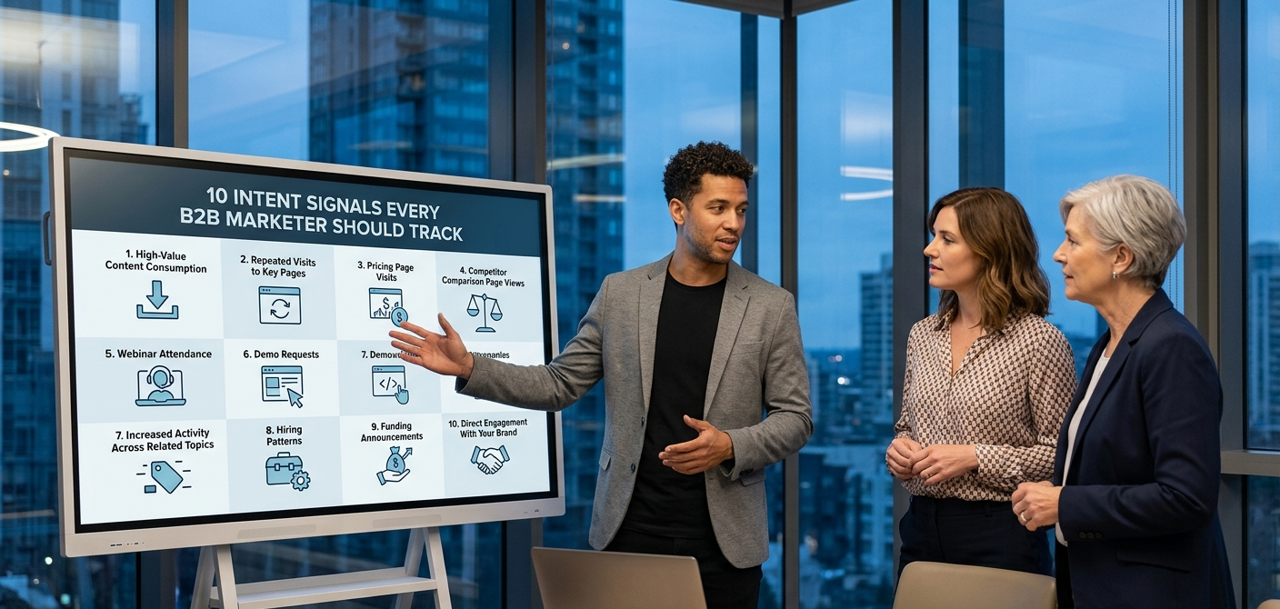 A male professional in a grey blazer presents a slideshow titled "10 INTENT SIGNALS EVERY B2B MARKETER SHOULD TRACK" to two female colleagues in a high-rise office at twilight.