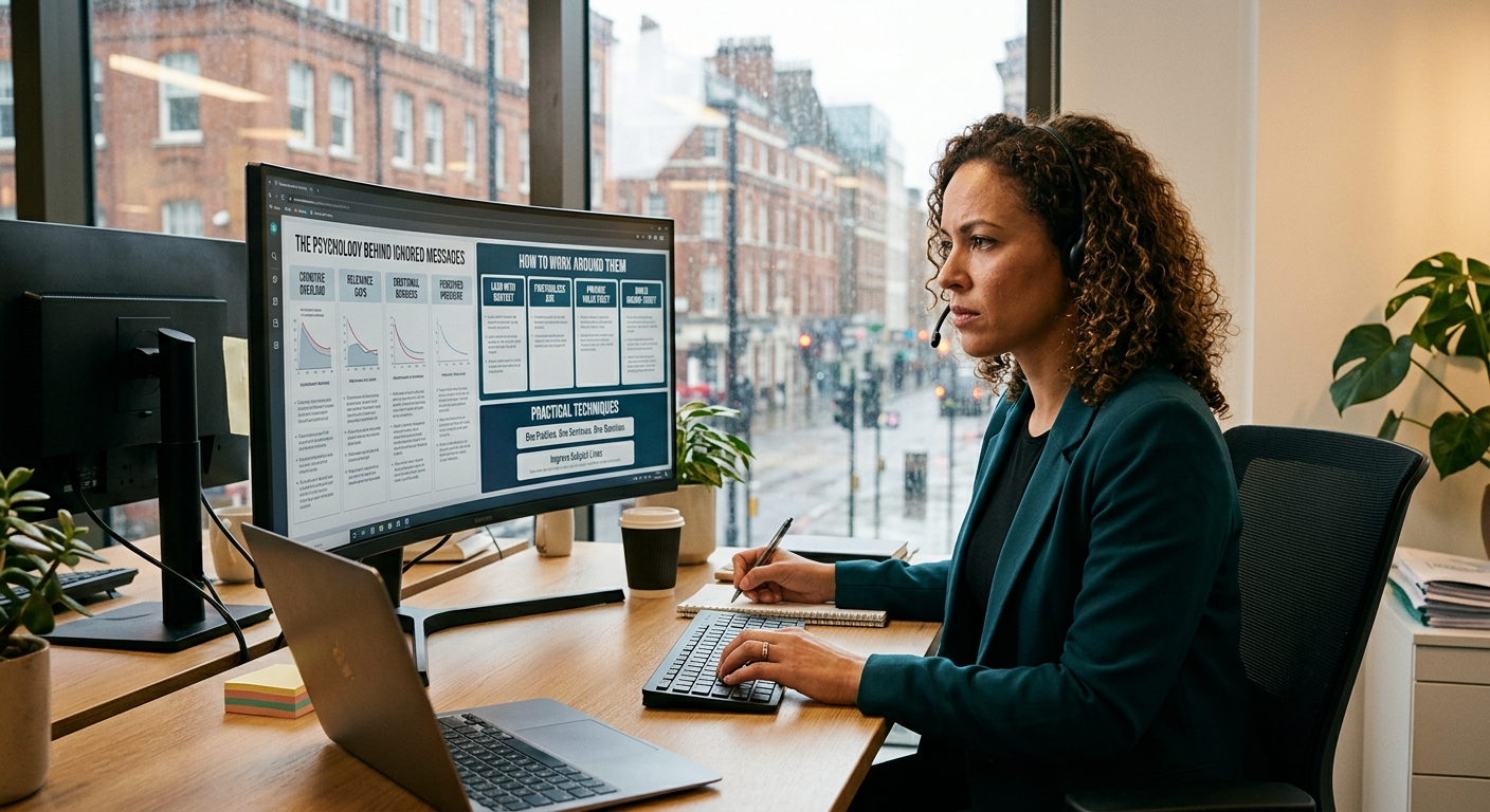 A female sales professional with curly hair wearing a headset looks intently at a monitor displaying an infographic titled "THE PSYCHOLOGY BEHIND IGNORED MESSAGES" in an office overlooking a rainy city street.