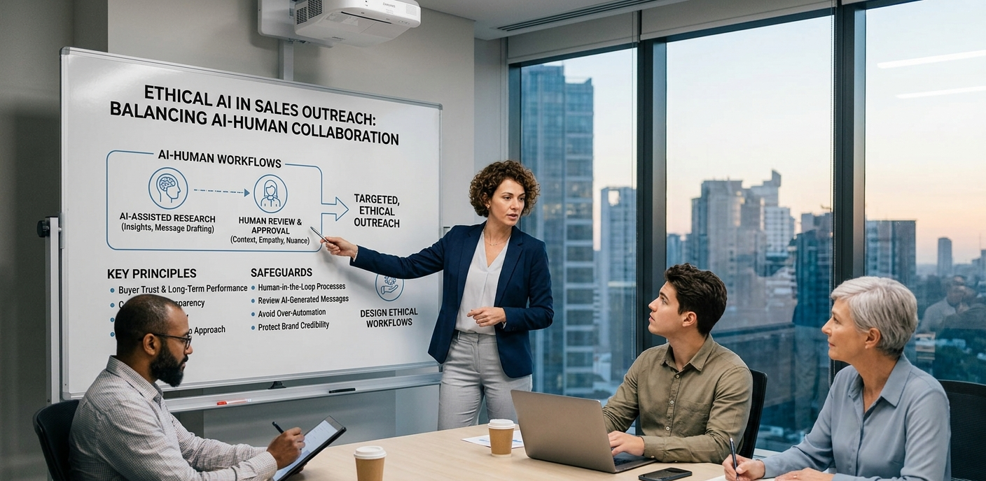 A female presenter pointing to a whiteboard titled "ETHICAL AI IN SALES OUTREACH: BALANCING AI-HUMAN COLLABORATION" during a workshop with three seated professionals in a high-rise office at dusk.