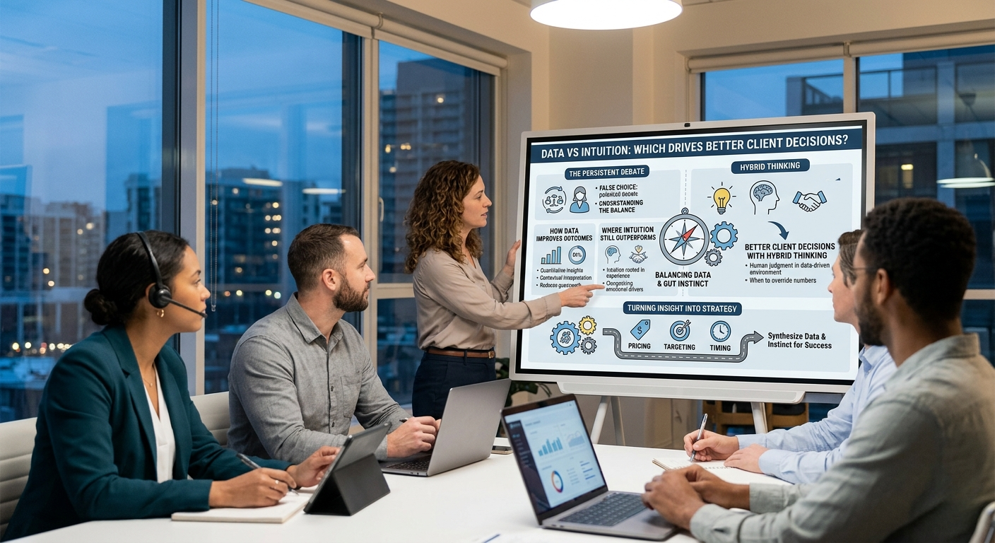 A female presenter points to a large display board titled "DATA VS INTUITION: WHICH DRIVES BETTER CLIENT DECISIONS?" while leading an evening strategy meeting with four professionals in a high-rise office.