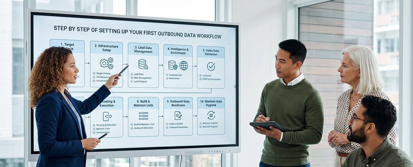 A female professional points with a stylus to an interactive board titled "STEP BY STEP OF SETTING UP YOUR FIRST OUTBOUND DATA WORKFLOW" during a presentation to three colleagues in a modern office boardroom.