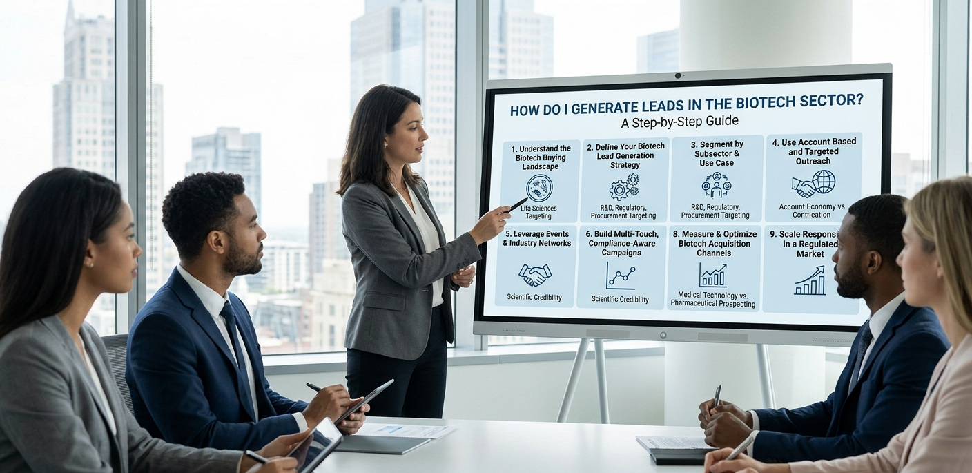 A female speaker pointing to a presentation screen titled "HOW DO I GENERATE LEADS IN THE BIOTECH SECTOR? A Step-by-Step Guide" during a meeting with business executives in a skyscraper conference room.