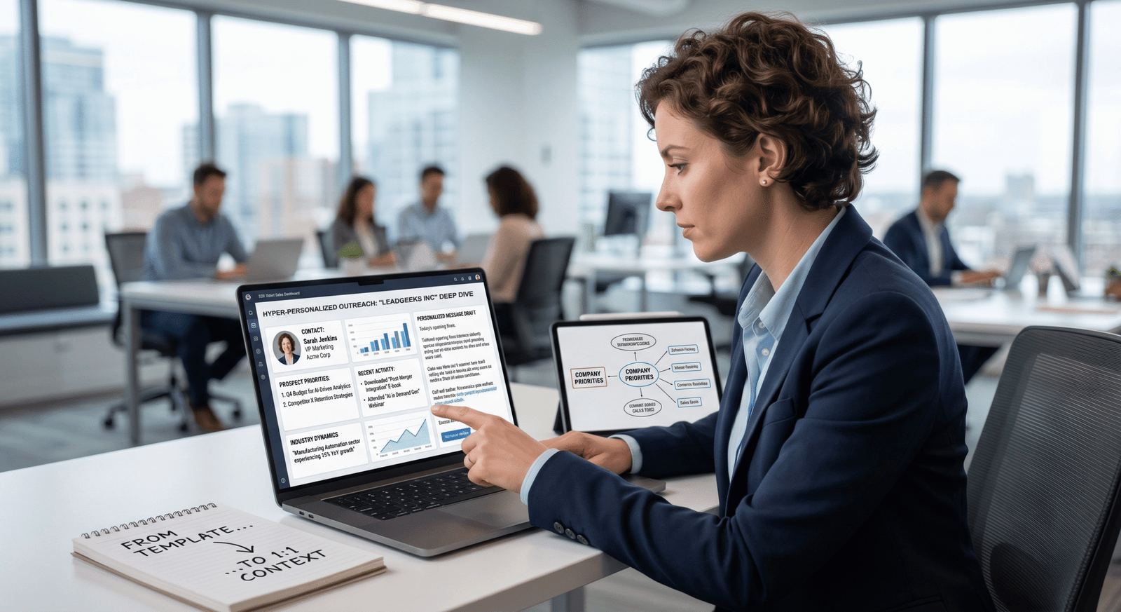 Professional analyzing personalized sales outreach dashboard and company growth strategy in a modern office workspace