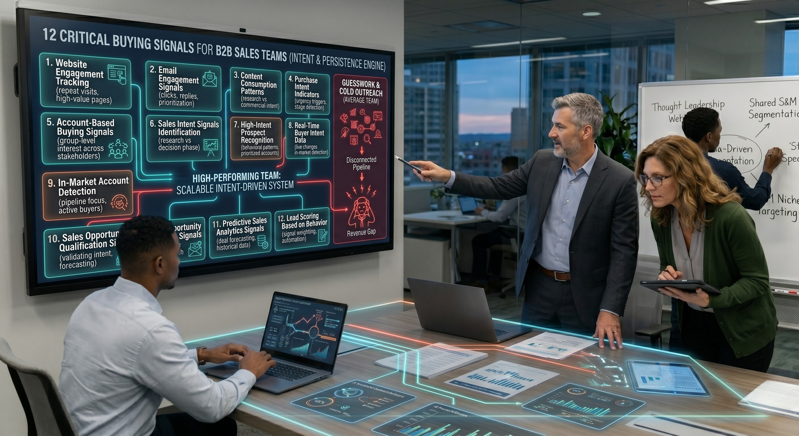 A business meeting in a modern office where an executive points to a large screen displaying "12 Critical Buying Signals for B2B Sales Teams," contrasting a scalable intent-driven system with traditional cold outreach guesswork.