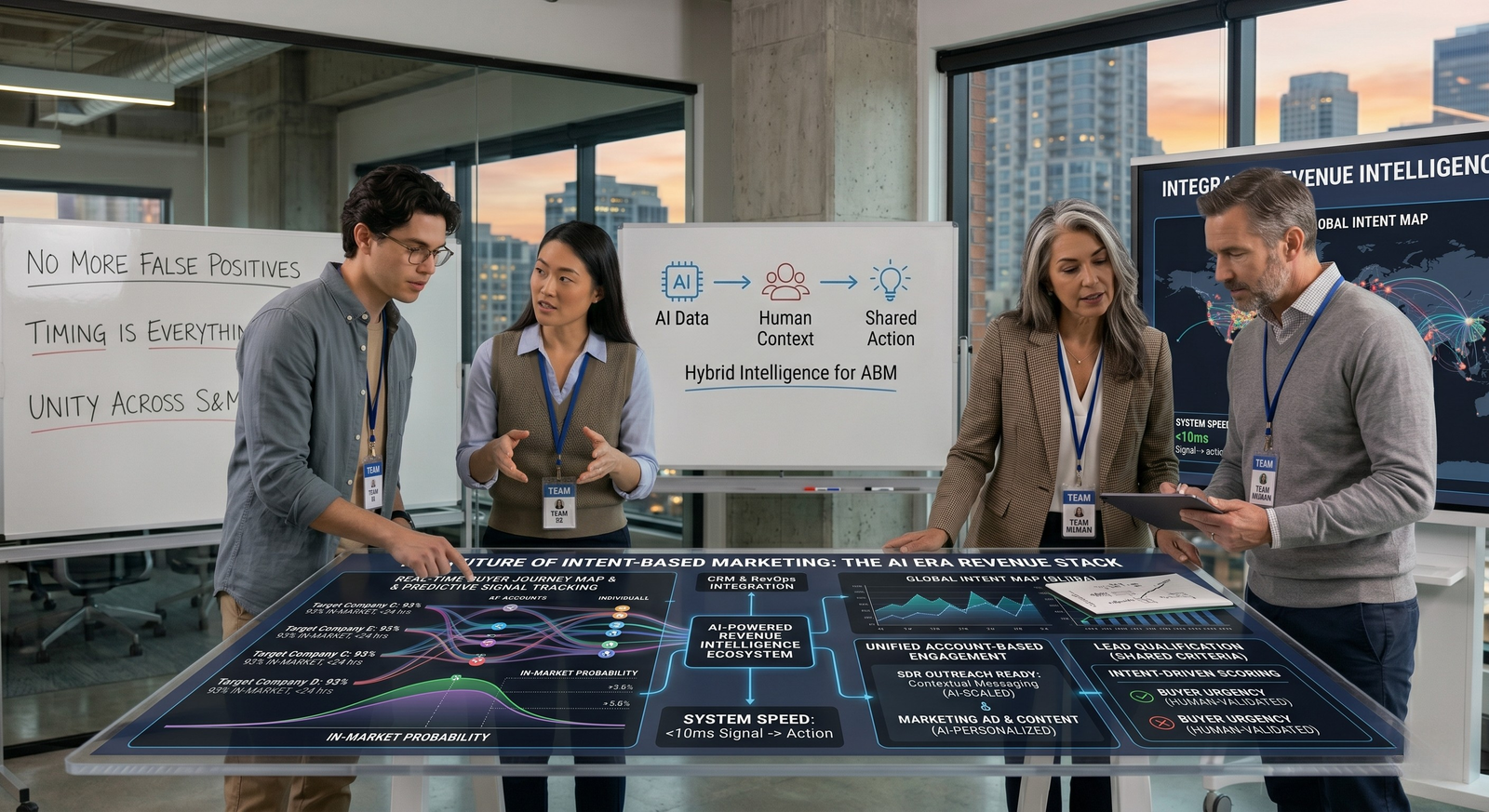 A corporate revenue team gathers in a modern office conference room around a large digital interactive table display showing AI-driven marketing analytics, data trends, and account prioritization graphs. A whiteboard in the background highlights "Hybrid Intelligence for ABM," balancing automated data with human context.