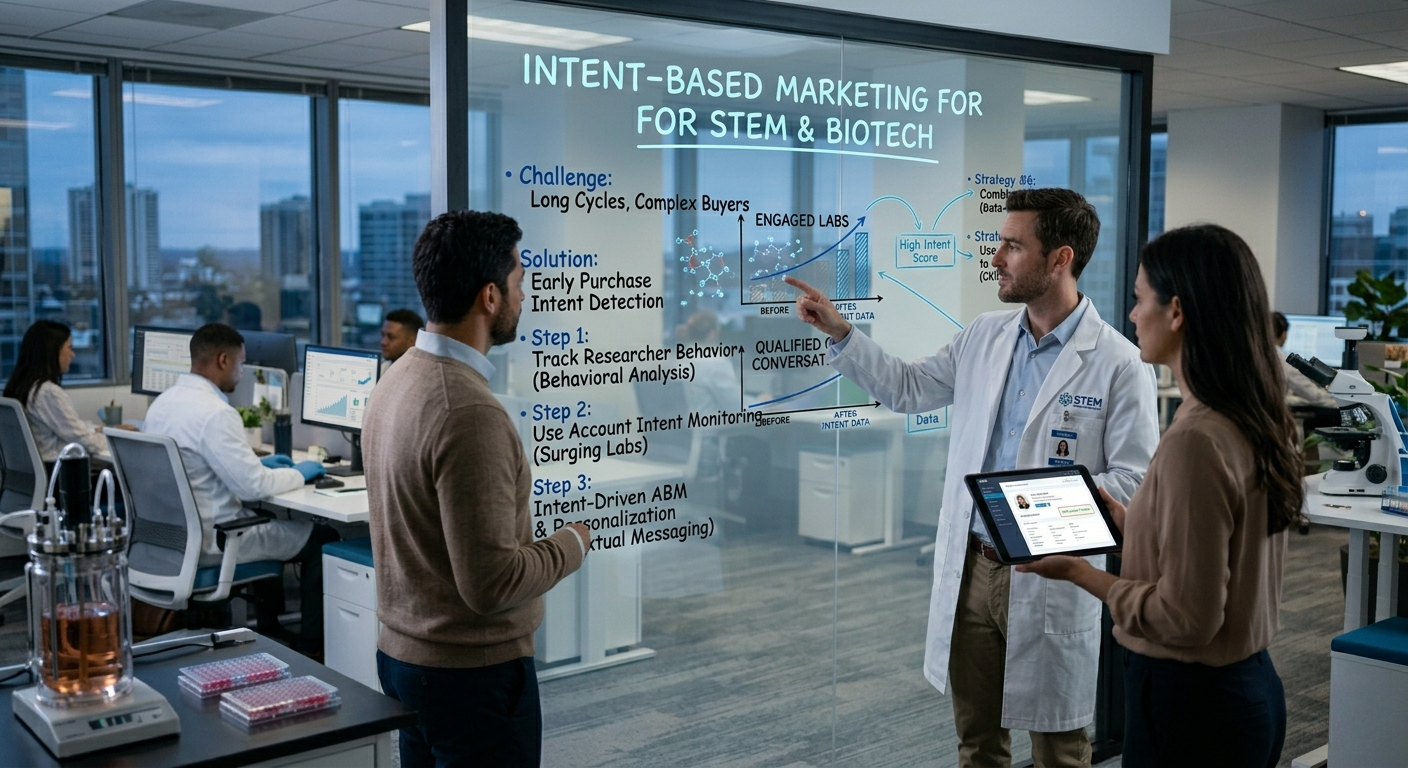 A team in a hybrid lab and office space discussing "Intent-Based Marketing for STEM & Biotech" on a glass whiteboard, with a presenter in a lab coat pointing to graphs depicting growth in engaged labs and qualified conversations.