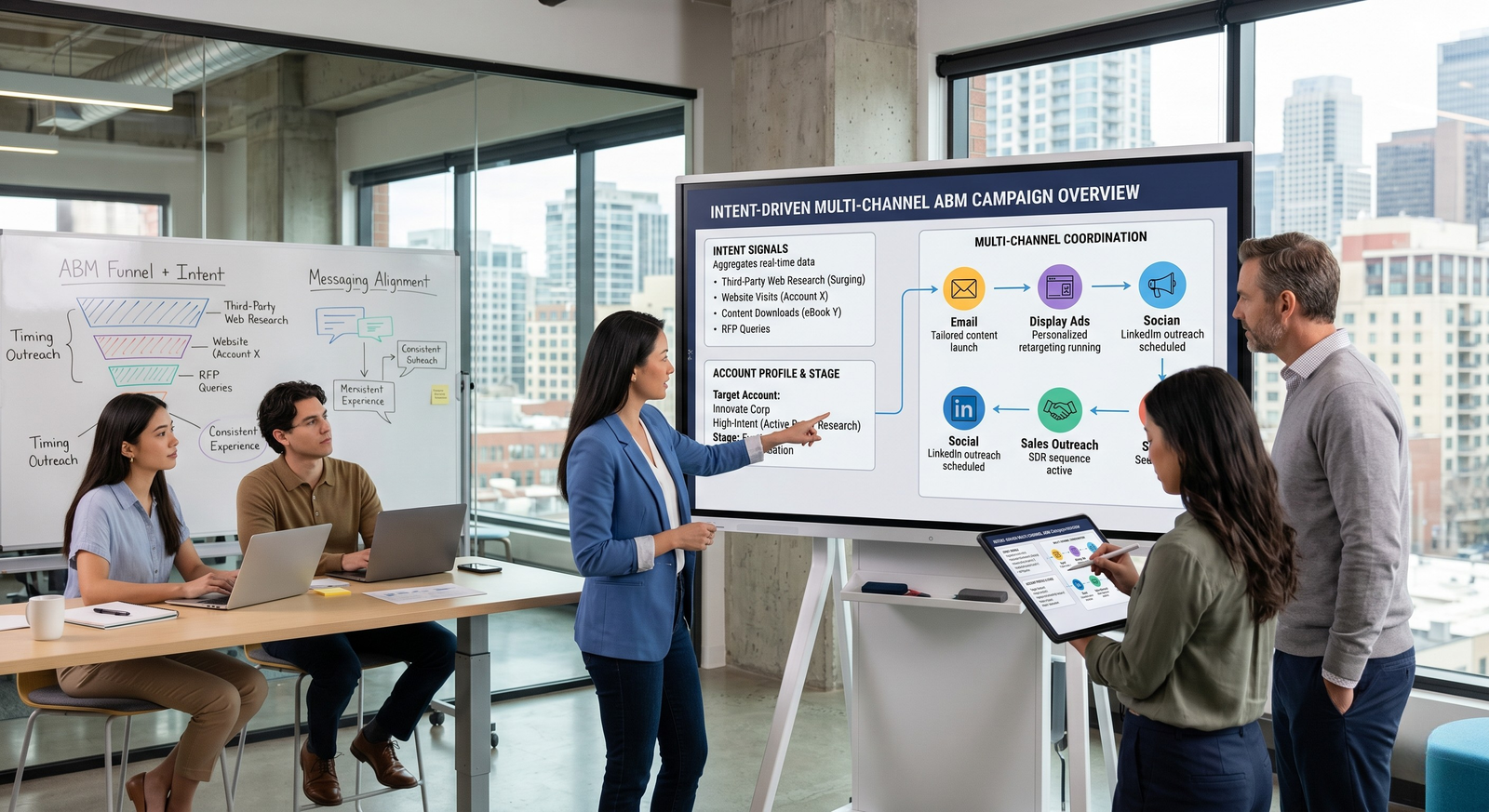 A team collaborating in a modern office, analyzing an "Intent-Driven Multi-Channel ABM Campaign Overview" presentation on a large interactive whiteboard display.
