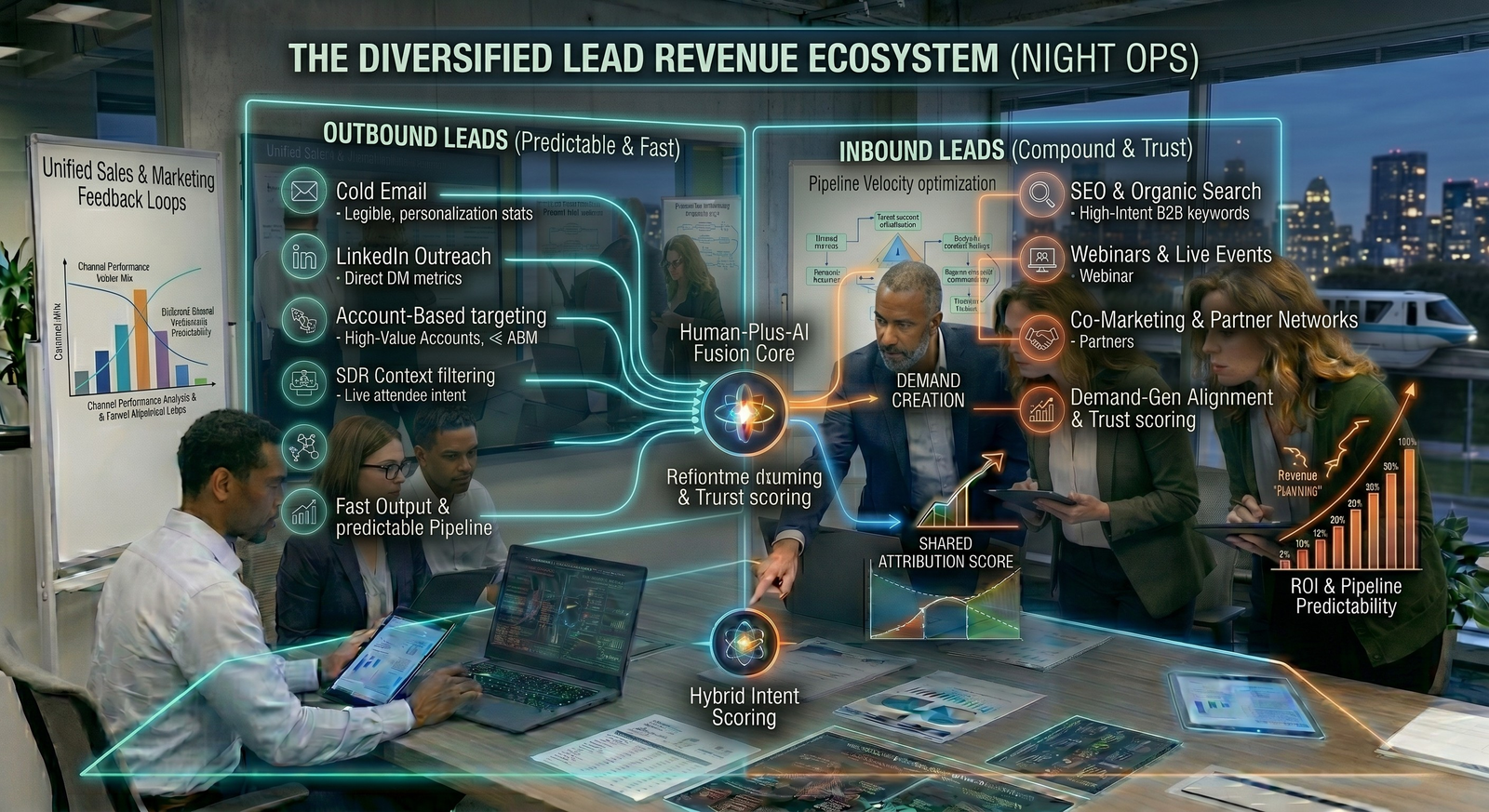 A team of B2B revenue professionals collaborating in a high-tech conference room around an interactive table displaying a split chart titled "The Diversified Lead Revenue Ecosystem (Night Ops)."