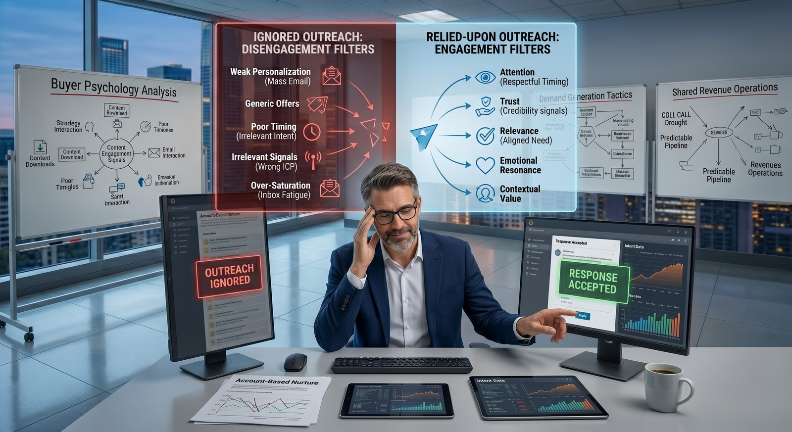 A business intelligence image featuring a central figure in a modern office with a city view. The image contrasts two types of outreach: on the left, a red 'Outreach Ignored' monitor is linked to 'Disengagement Filters' (weak personalization, generic offers, poor timing), while on the right, a green 'Response Accepted' monitor is linked to 'Engagement Filters' (attention, trust, relevance). Whiteboards in the background display 'Buyer Psychology Analysis' and 'Shared Revenue Operations.'