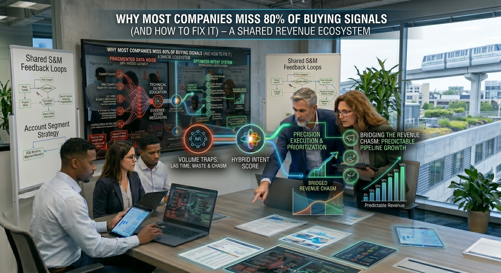 A business strategy meeting where a B2B revenue team uses an interactive touch-table and large digital monitors to analyze a framework titled "Why Most Companies Miss 80% of Buying Signals: A Shared Revenue Ecosystem."