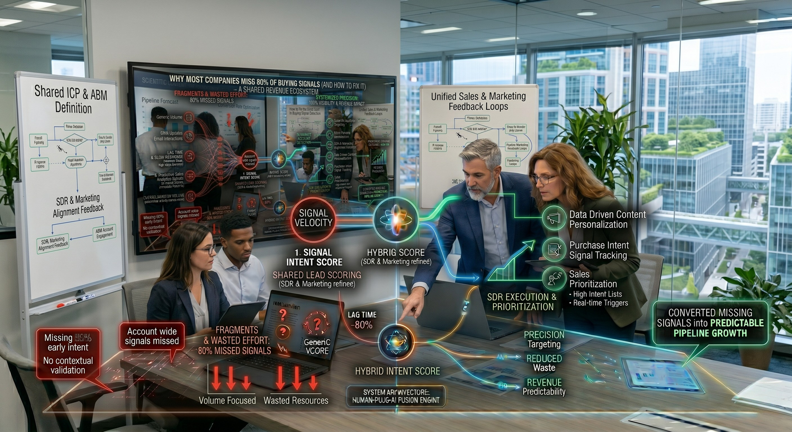 A team of B2B professionals in a high-tech conference room using an interactive table and digital displays to map out a revenue ecosystem that turns missing buying signals into predictable pipeline growth.