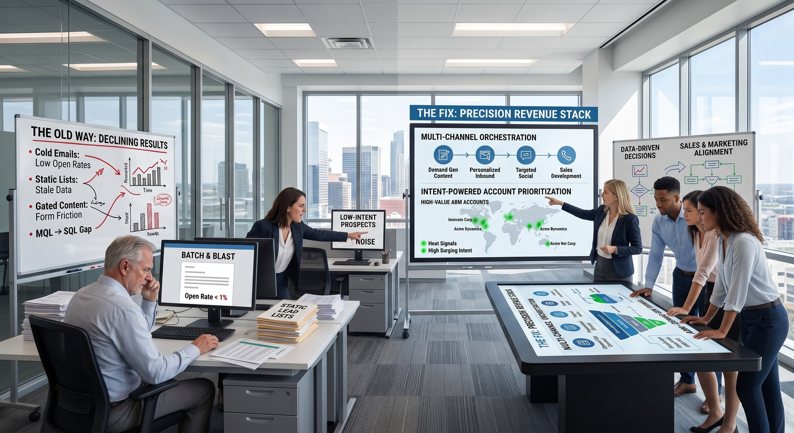 A split-concept office space contrasting outdated sales tactics on the left with a modern, data-driven "Precision Revenue Stack" strategy being analyzed by a team on the right.