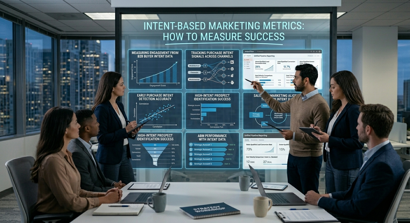 A corporate marketing team in an evening boardroom session reviewing a digital dashboard display titled "Intent-Based Marketing Metrics: How to Measure Success," which features multiple charts, funnel metrics, and pipeline reports.
