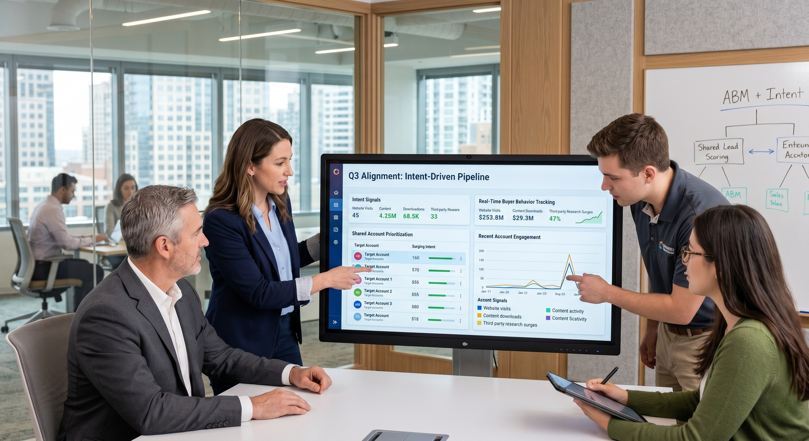 A professional business meeting in a modern office where a team is analyzing a data dashboard titled "Q3 Alignment: Intent-Driven Pipeline" on a large display screen.