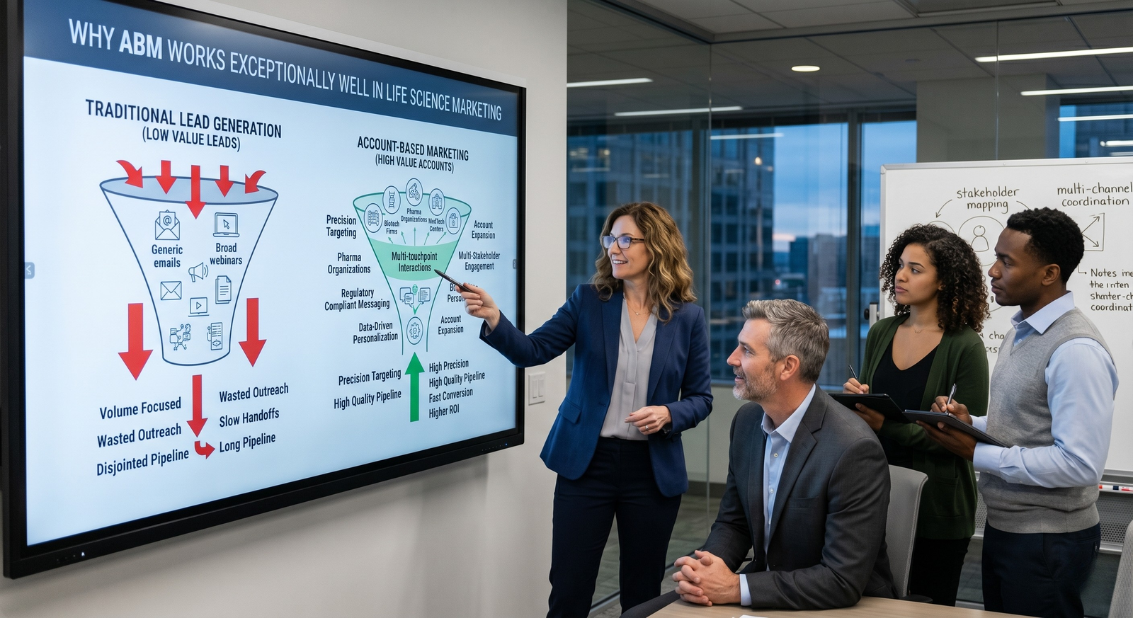 A female presenter standing beside a large digital screen in a modern office, presenting a comparison titled "Why ABM Works Exceptionally Well in Life Science Marketing" to three business colleagues.