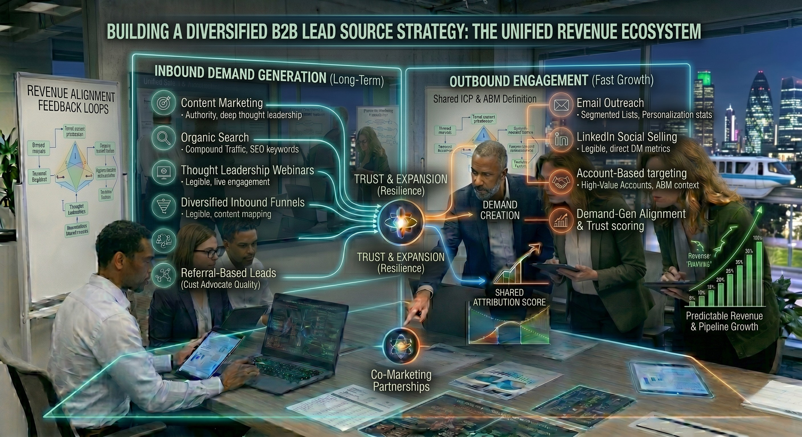 A B2B revenue team collaborating around a high-tech conference table integrated with an interactive display chart titled "Building a Diversified B2B Lead Source Strategy: The Unified Revenue Ecosystem."
