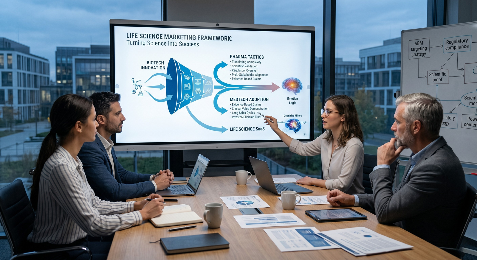 A group of five life science professionals in a modern conference room listening to a presenter explain a commercial framework. The large digital screen displays a "Life Science Marketing Framework" diagram showing data pathways for biotech innovation, pharma tactics, MedTech adoption, and life science SaaS flowing into an "Emotion and Logic" buyer brain graphic.