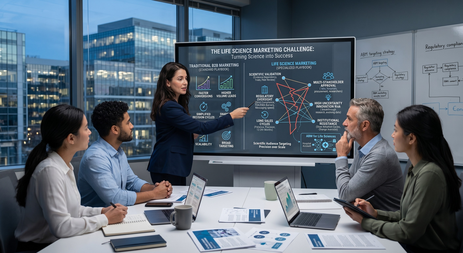 A female presenter standing before a large interactive screen in a corporate conference room, contrasting "Traditional B2B Marketing" with "Life Science Marketing" complex challenges for an attentive team.