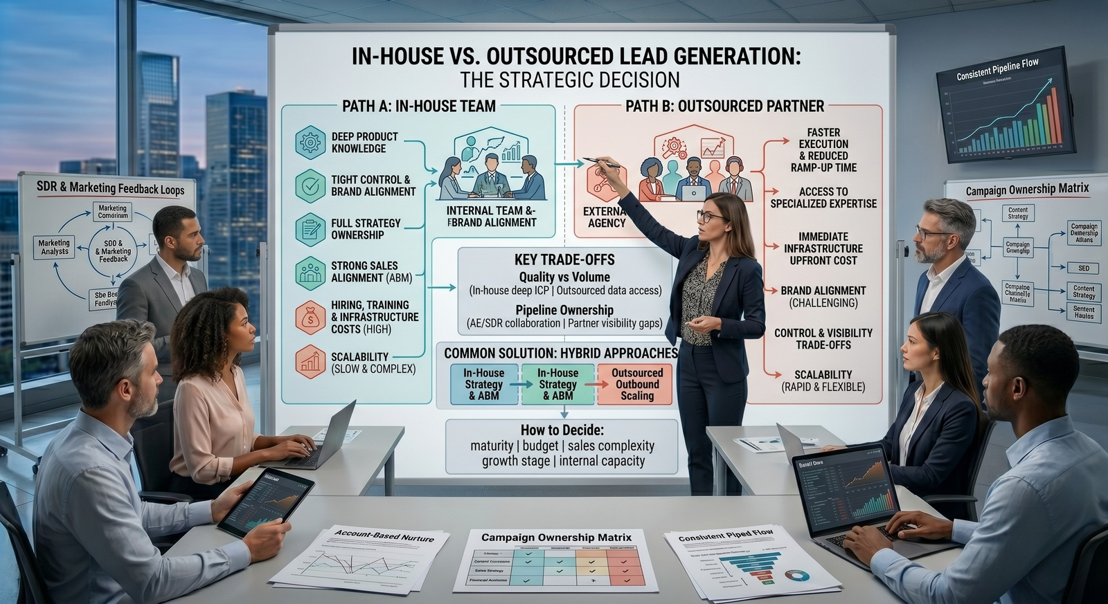 A corporate boardroom meeting where a female executive uses a pointer to present an interactive comparison chart titled "In-House vs. Outsourced Lead Generation: The Strategic Decision" to a collaborative business team.