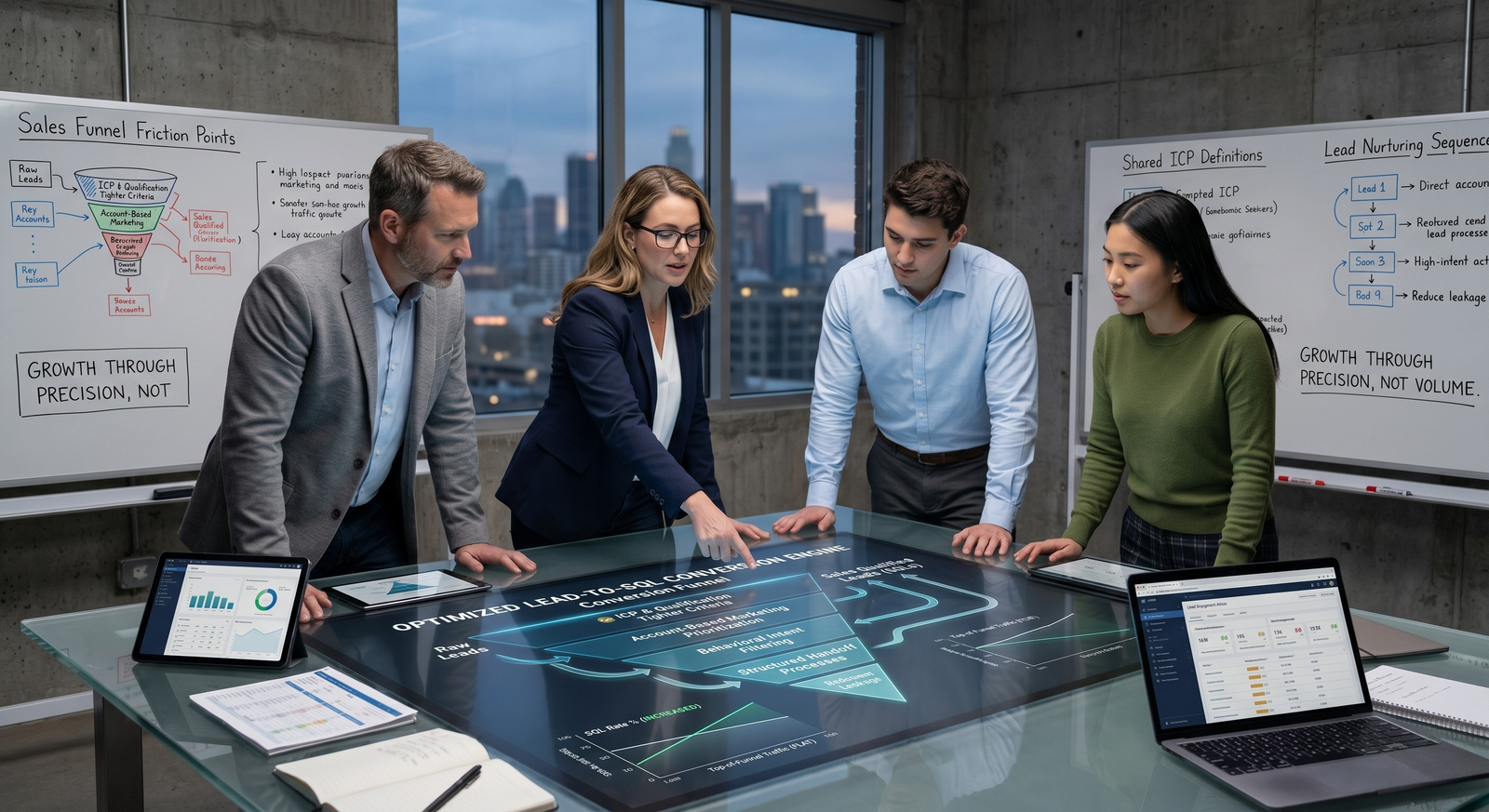 A team of business professionals collaborating in a modern conference room around an interactive digital touch-table displaying an "Optimized Lead-to-SQL Conversion Engine" funnel diagram.