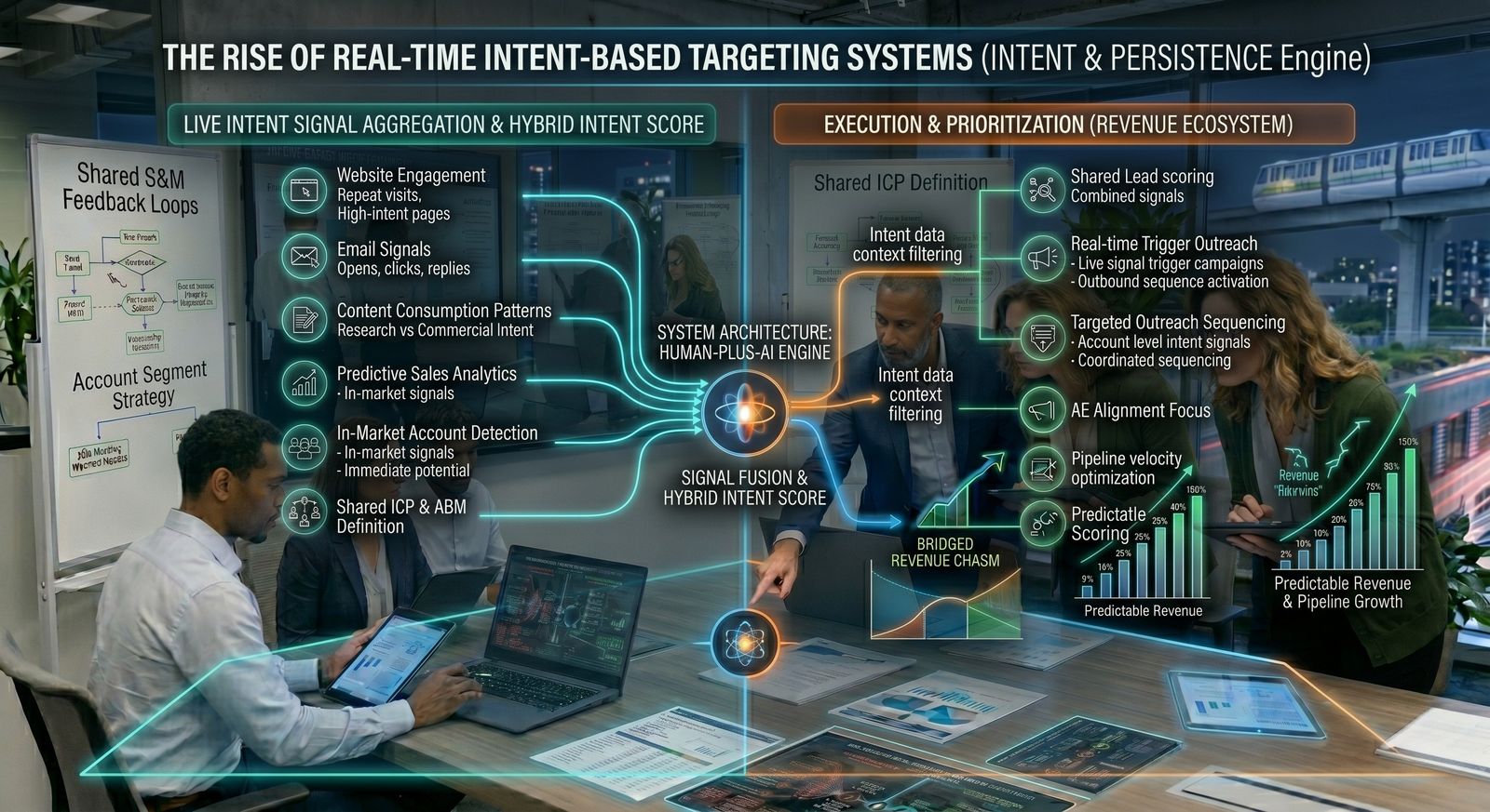 A team of B2B revenue professionals using an interactive boardroom table to review a corporate system map titled "The Rise of Real-Time Intent-Based Targeting Systems."