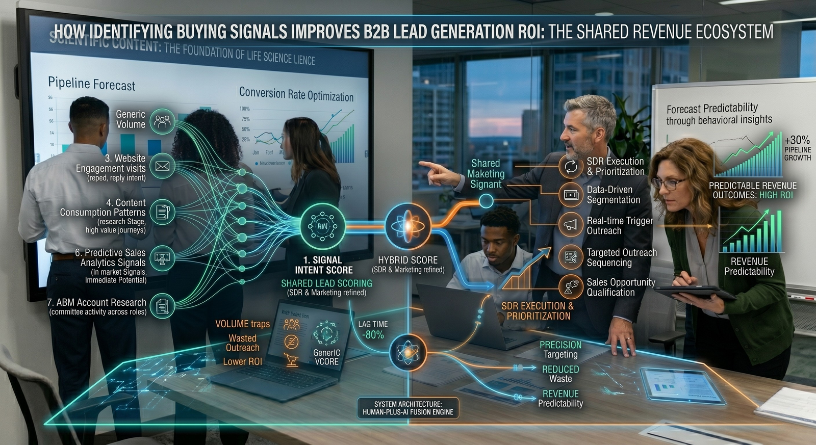 A business meeting in a high-tech corporate office where an executive team uses an interactive touchscreen table to review a dashboard titled "How Identifying Buying Signals Improves B2B Lead Generation ROI."