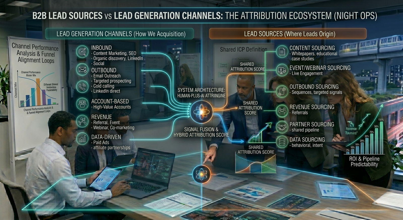 A business meeting in a high-tech corporate office where an executive team uses an interactive touchscreen table to review an data architecture diagram titled "B2B Lead Sources vs Lead Generation Channels: The Attribution Ecosystem."