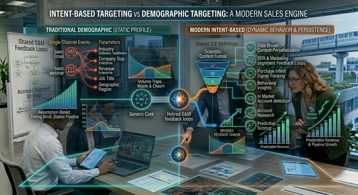 A split-concept B2B analytics dashboard titled "Intent-Based Targeting vs Demographic Targeting: A Modern Sales Engine," contrasting static profile parameters on the left with dynamic behavioral insights on the right.