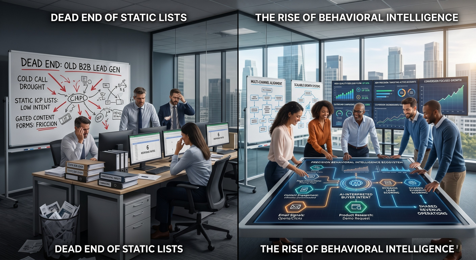 A split-screen business graphic comparing a stressed office team on the left, labeled 'Dead End of Static Lists,' to a positive, collaborative team on the right, labeled 'The Rise of Behavioral Intelligence,' who are using an AI-powered digital touch-table to analyze customer intent.