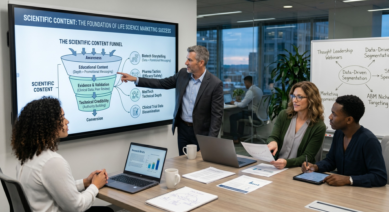 A business meeting in a modern office room where a male executive points to a "Scientific Content Funnel" framework on a large display titled "Scientific Content: The Foundation of Life Science Marketing Success."