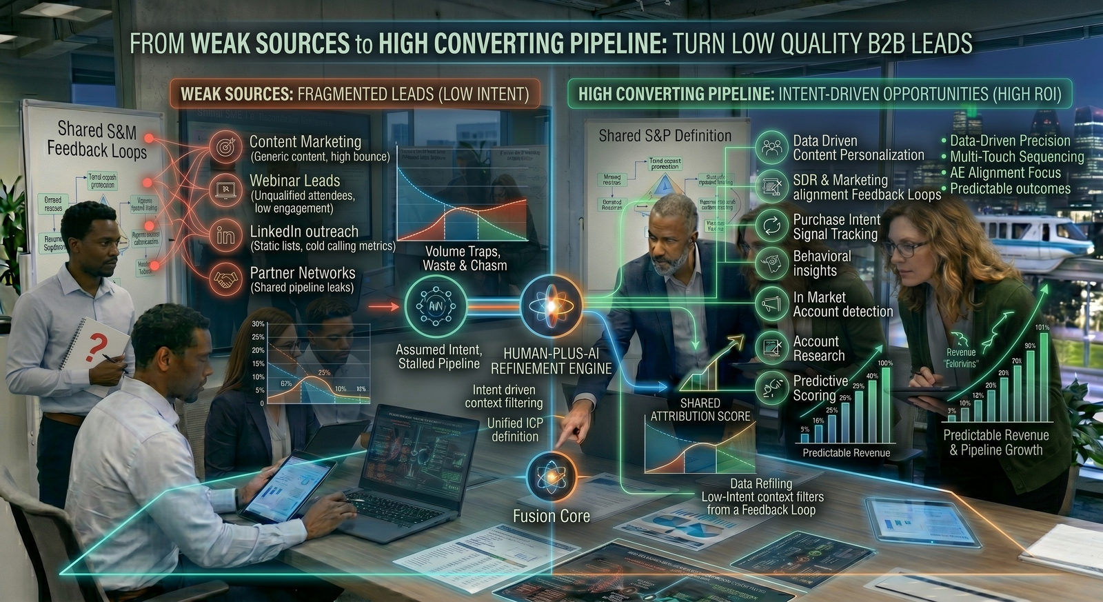 A split-screen business dashboard concept titled "From Weak Sources to High Converting Pipeline," contrasting fragmented, low-intent channels on the left with an intent-driven, high-ROI ecosystem on the right.