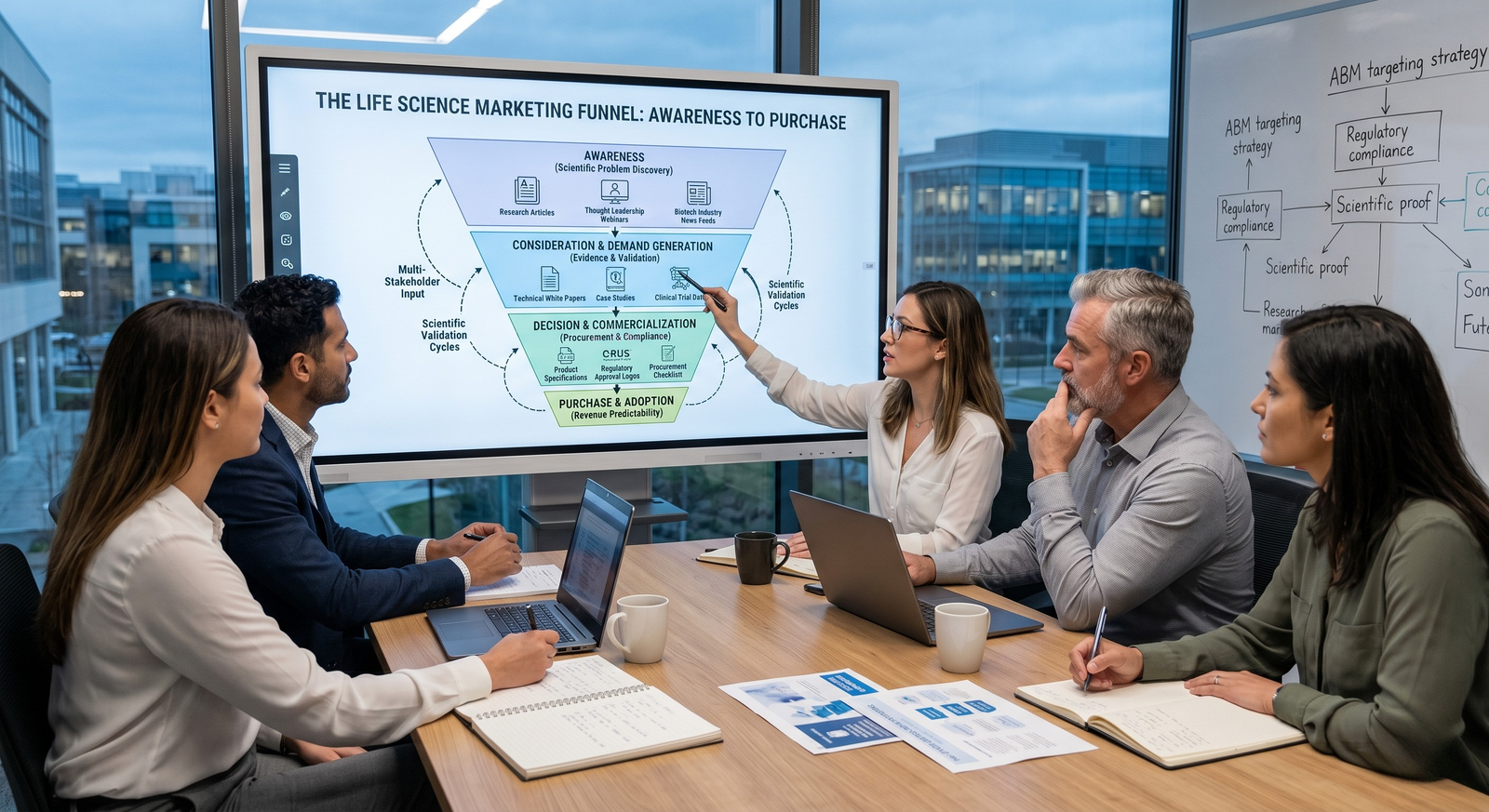 A professional business team collaborating in a corporate conference room around a wooden table while a female executive points to a "Life Science Marketing Funnel: Awareness to Purchase" diagram on a large display screen.