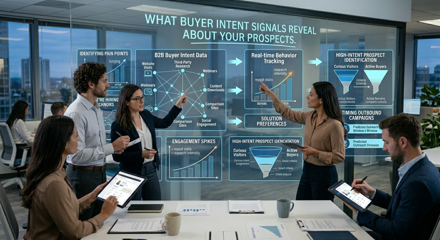 A corporate marketing team collaborating during an evening meeting around a digital glass screen titled "What Buyer Intent Signals Reveal About Your Prospects," showing diagrams for real-time behavior tracking, engagement spikes, and prospect identification funnels.