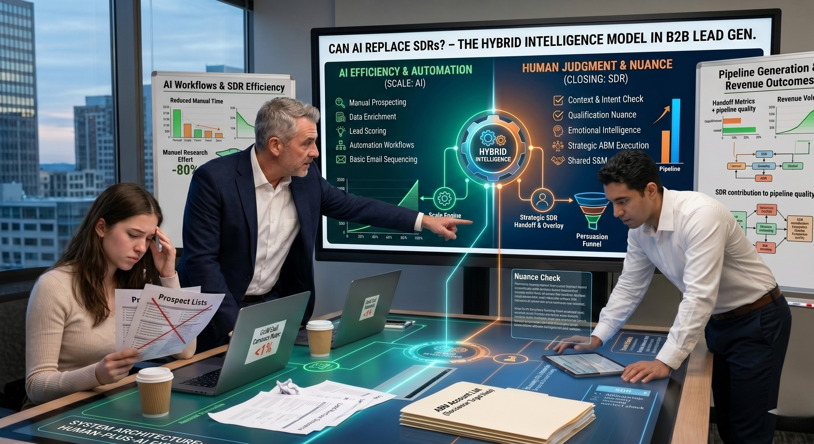 A team of business professionals collaborating in a high-tech conference room around a digital touch-table and a large wall monitor displaying a presentation titled "Can AI Replace SDRs? – The Hybrid Intelligence Model in B2B Lead Gen."