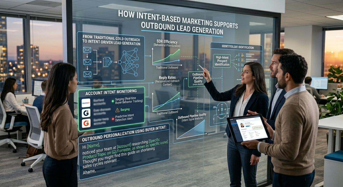 A business team analyzing a digital glass partition titled "How Intent-Based Marketing Supports Outbound Lead Generation," displaying flowcharts comparing traditional cold outreach to intent-driven pipeline growth and personalization frameworks.