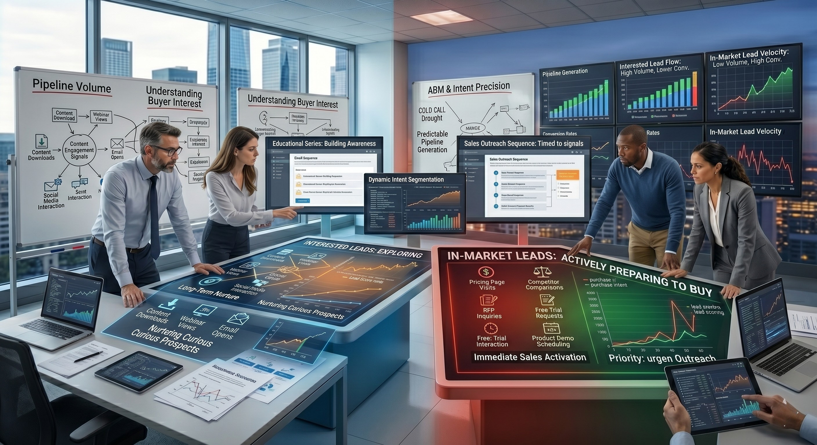 A modern operations room split into two functional stations where a business team uses digital touch-tables to segment accounts into "Interested Leads: Exploring" for nurturing, and "In-Market Leads: Actively Preparing to Buy" for immediate sales activation.